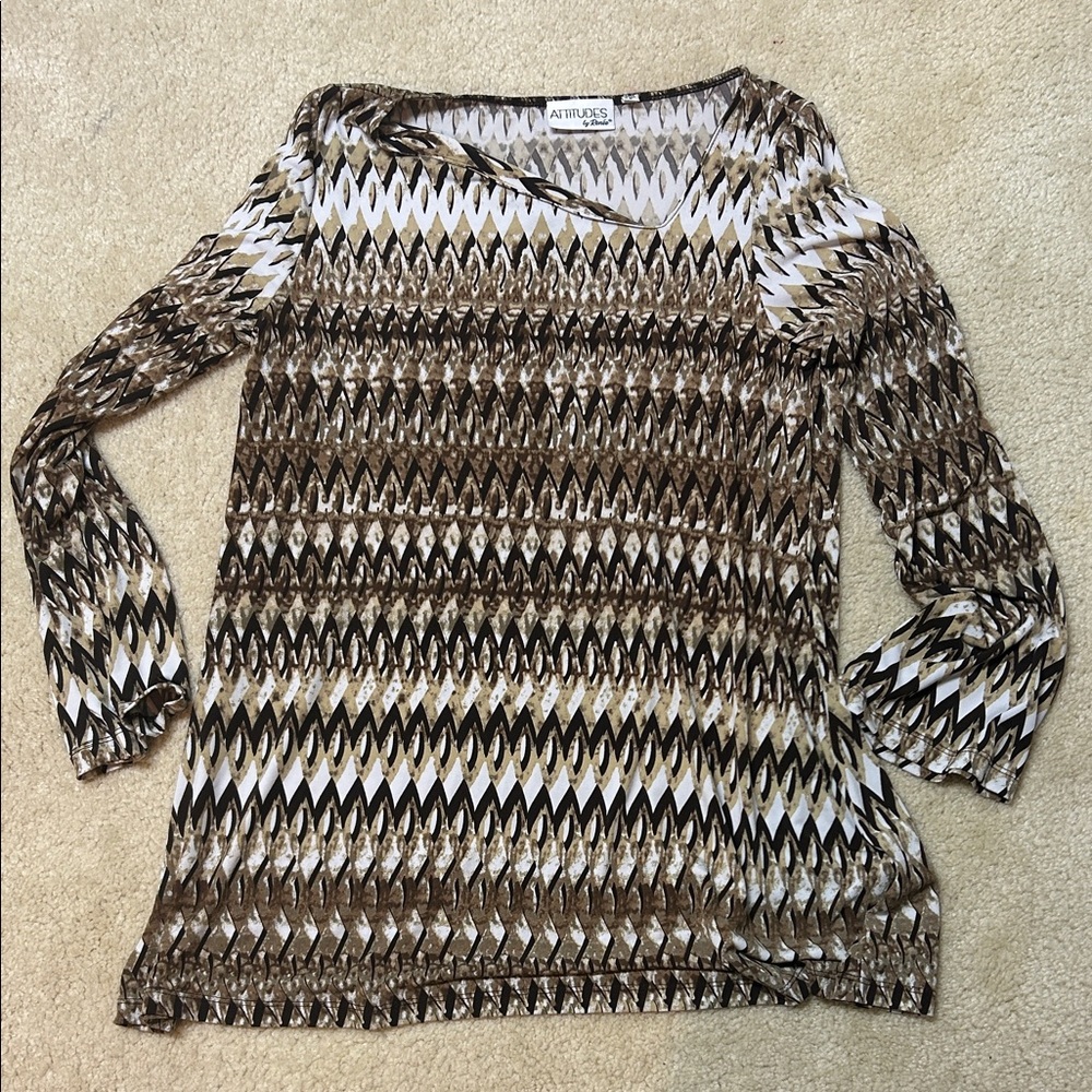 Attitudes by Renee Brown and White Geometric Top with asymmetric neck line